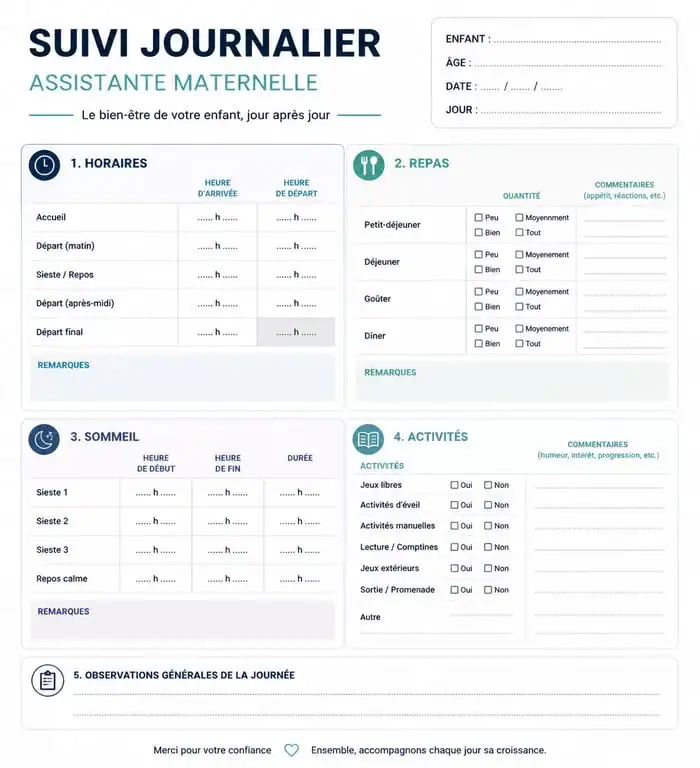 Structure d'une page de suivi journalier pour assistante maternelle
