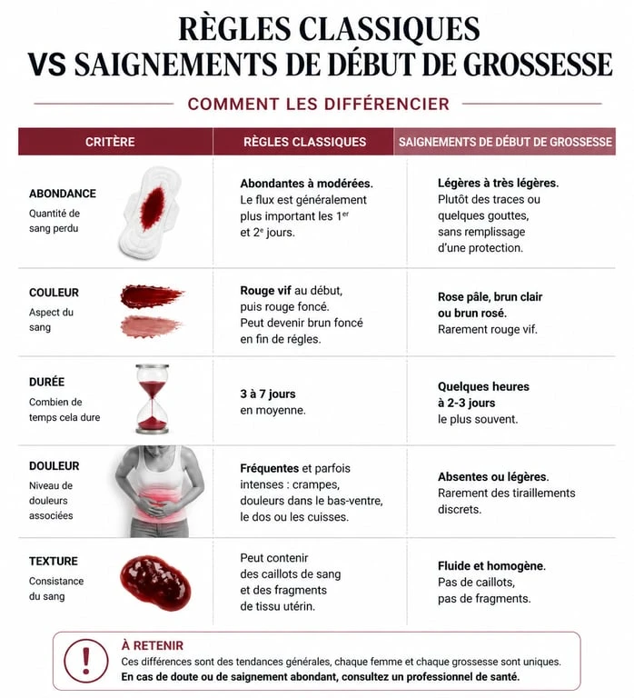 Tableau comparatif des saignements de grossesse et des règles classiques pour les femmes enceintes