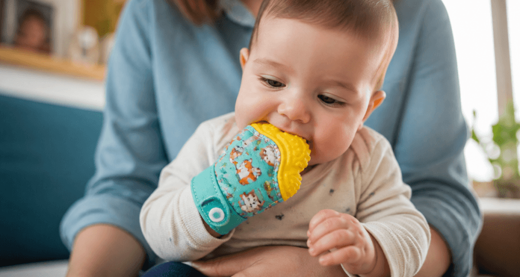 bébé utilise gant de dentition en silicone