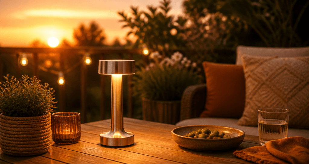 Lampe à pile sur table de jardin au soleil couchant