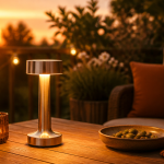 Lampe à pile sur table de jardin au soleil couchant