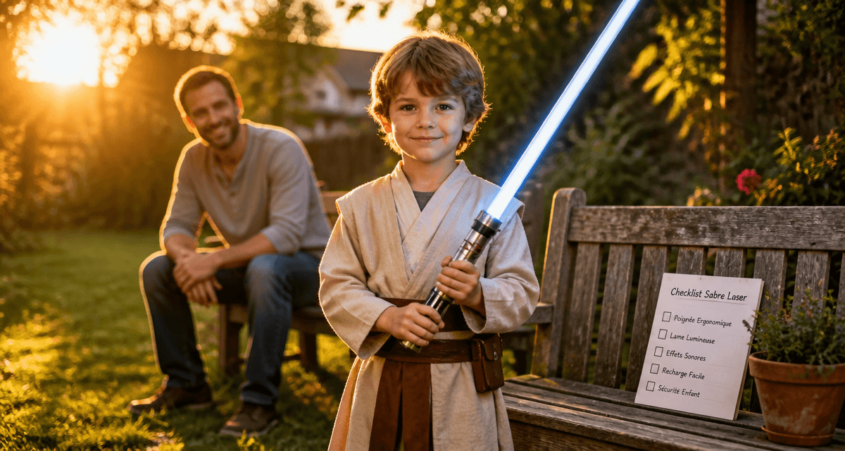 Enfant avec sabre laser enfant dans un jardin
