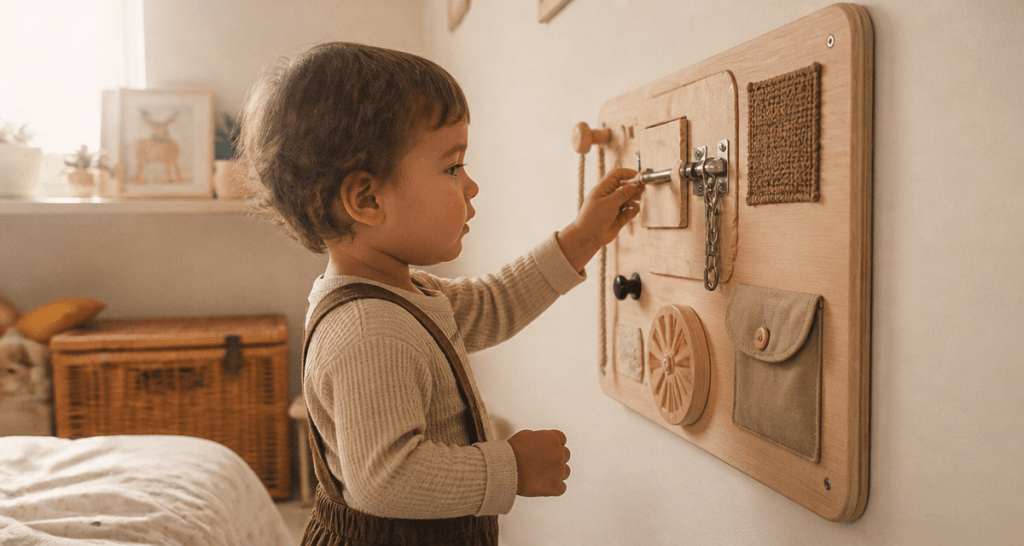 enfant jouant avec tableau d'éveil en bois