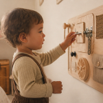 enfant jouant avec tableau d'éveil en bois