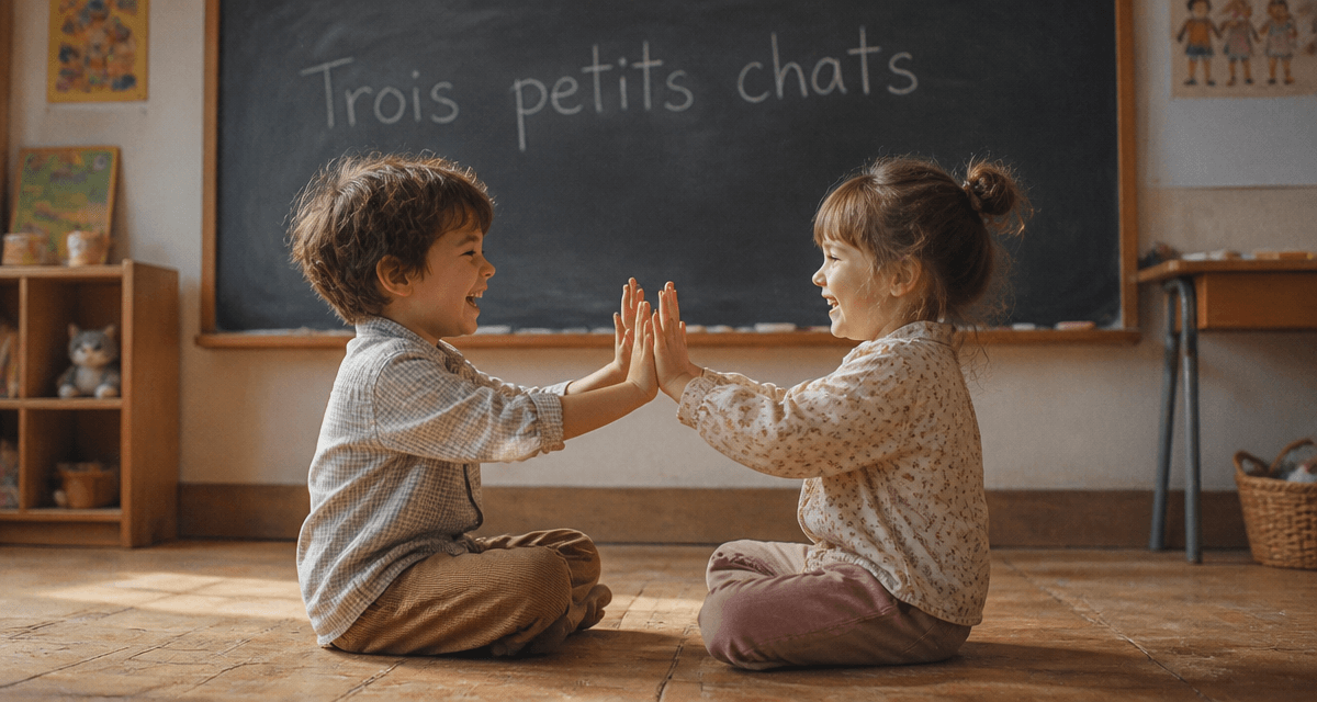 deux enfants jouent trois petit chats paroles