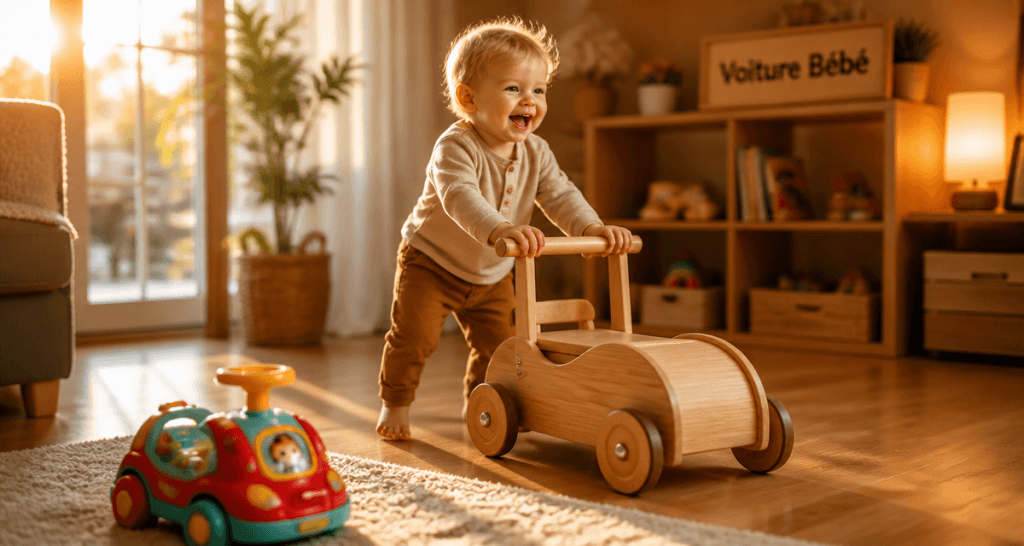 voiture bebe en bois sur parquet