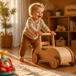 voiture bebe en bois sur parquet