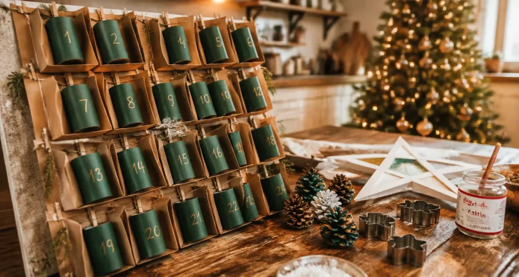 Activité manuelle noel : calendrier de l’Avent DIY en famille sur table en bois