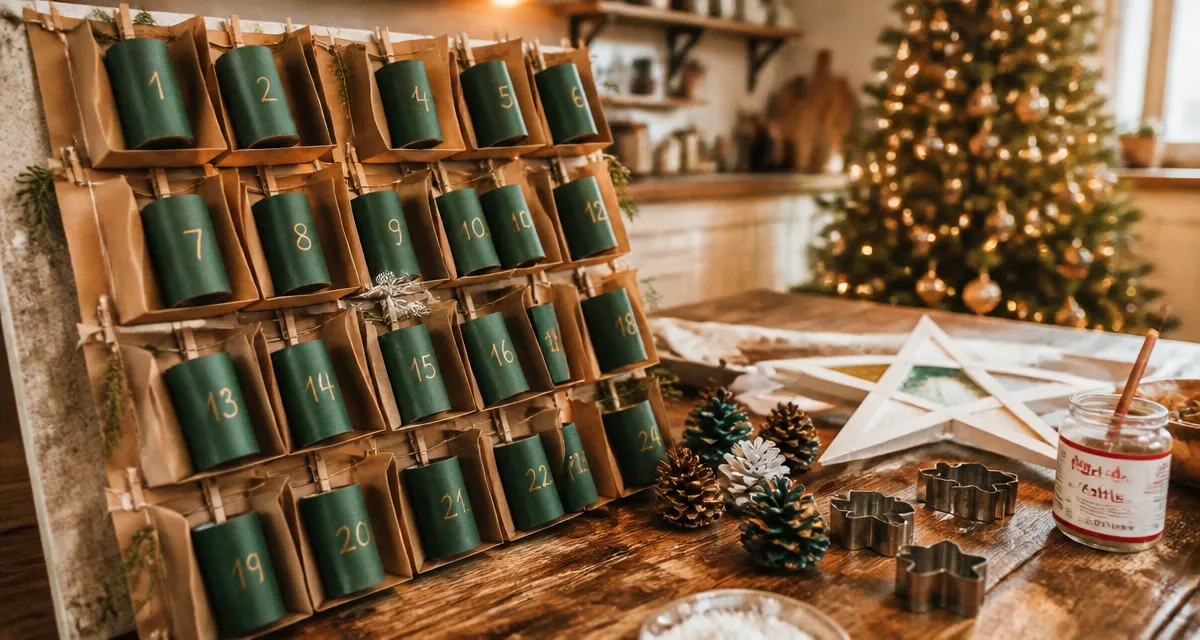 Activité manuelle noel : calendrier de l’Avent DIY en famille sur table en bois