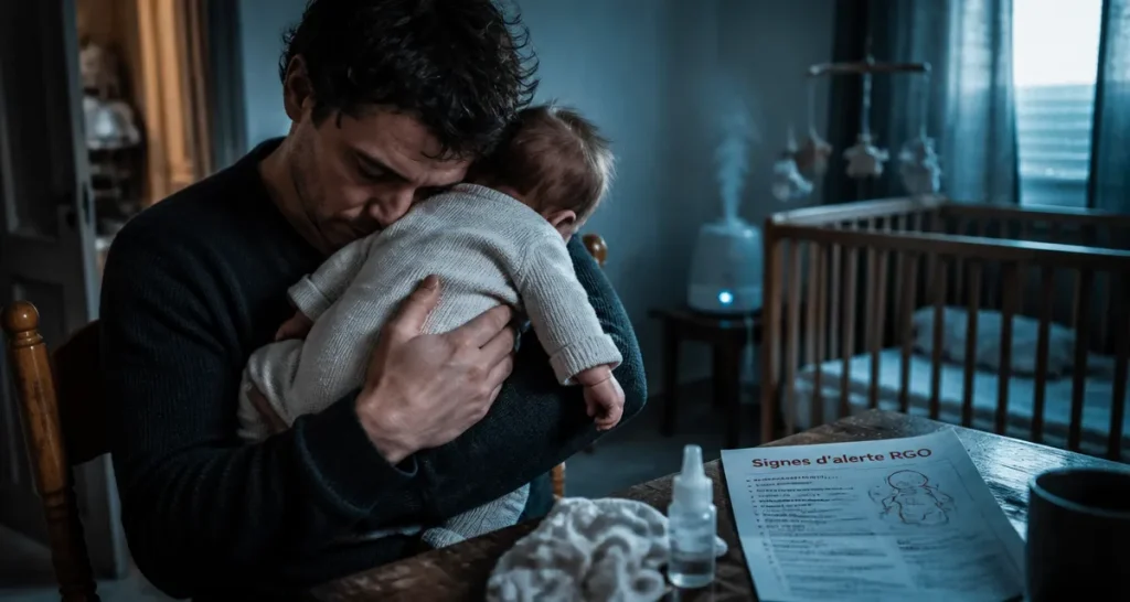 Bébé qui grogne et racle la gorge : parent avec sérum physiologique