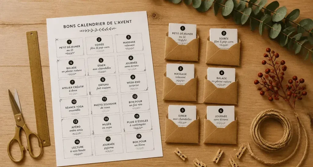 Bon pour calendrier de l'avent à imprimer : coupons à découper et mini enveloppes