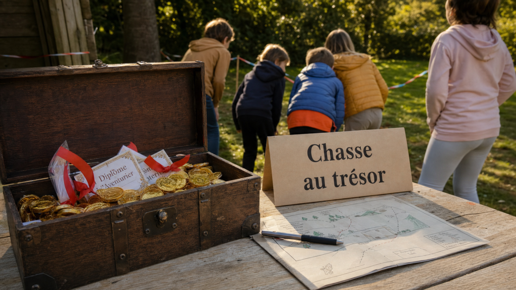 Chasse au tresor enfant : coffre en bois et plan de chasse