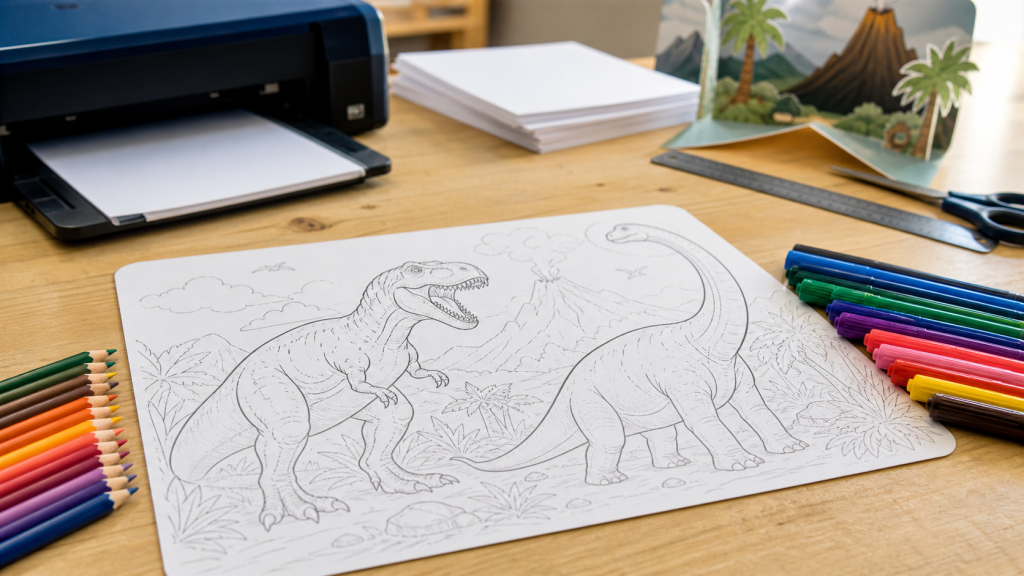 Dinosaure à colorier sur table avec crayons et imprimante PDF