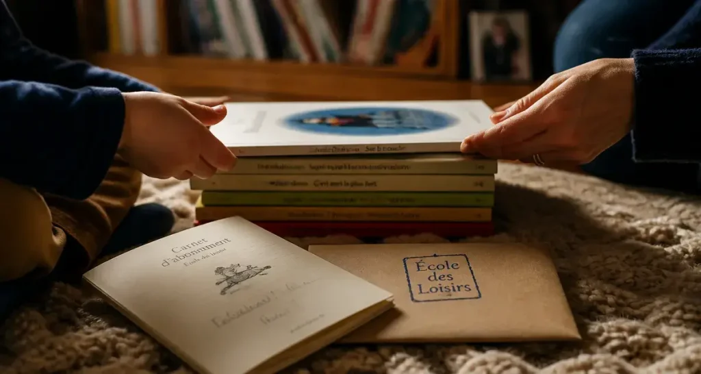ecole des loisirs abonnement : livres jeunesse reçus, enfant et parent retirent un livre