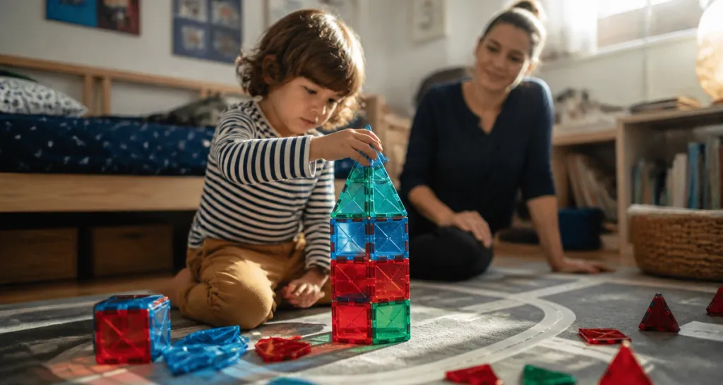Enfant assemble bloc construction magnétique