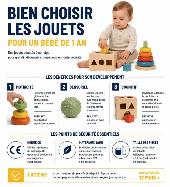 Infographie des critères de choix et sécurité pour les jeux bébé 1 an
