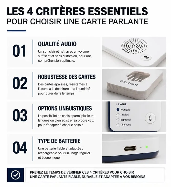 Infographie des critères de choix pour une carte parlante éducative pour enfant