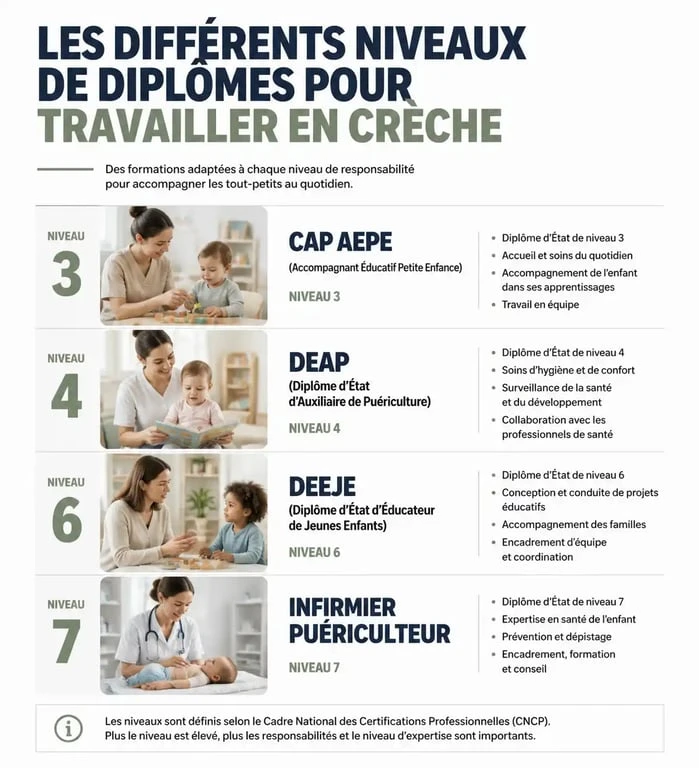 Infographie des diplômes et formations pour travailler en crèche