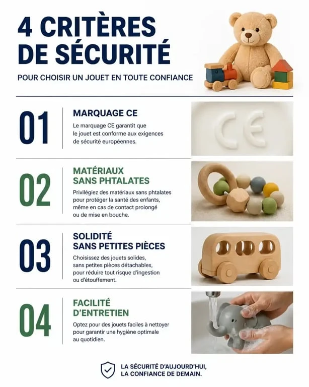 Infographie sur les critères de sécurité pour choisir un jouet fille adapté et sans danger