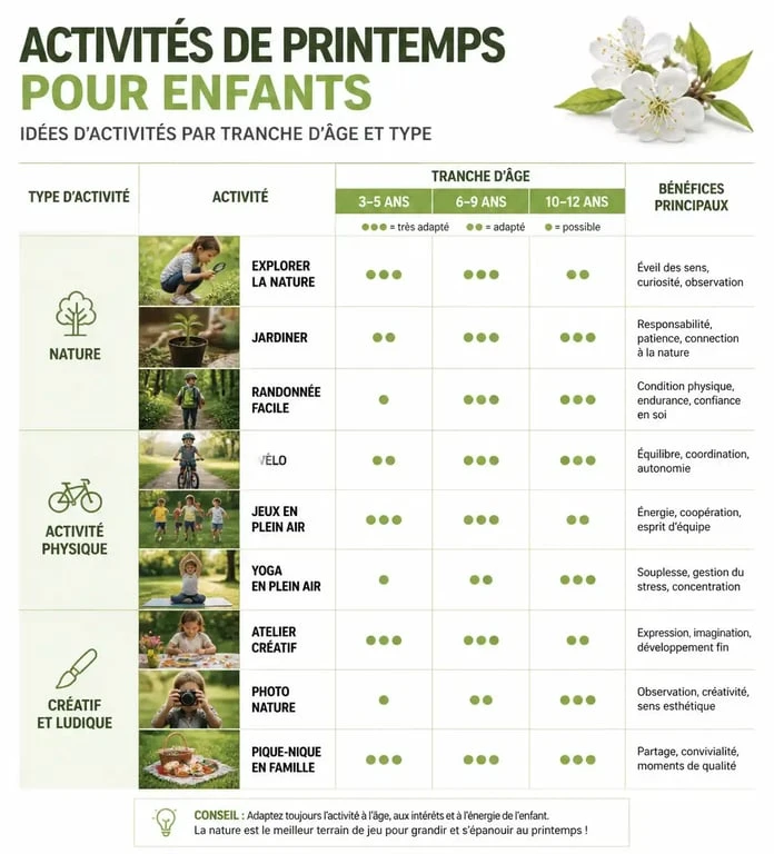 Tableau récapitulatif des activités de printemps pour enfants par tranche d'âge et compétence clé