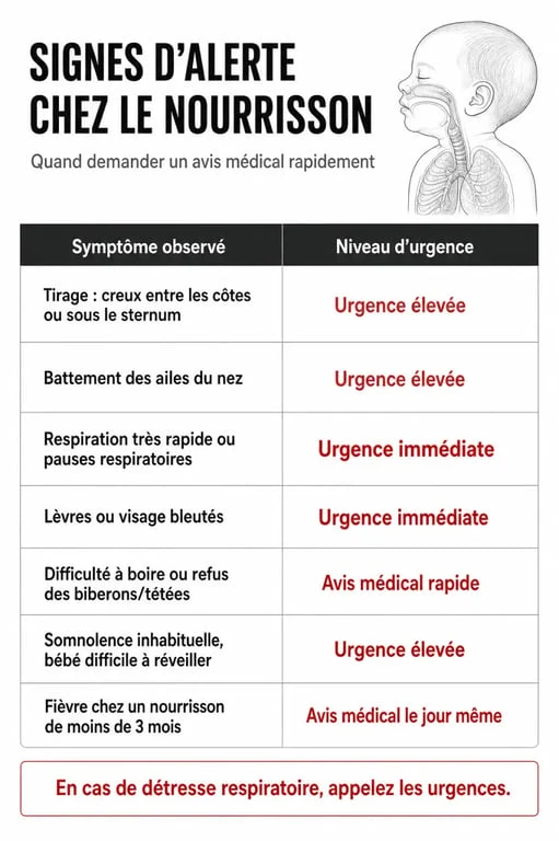 Infographie des signes d'alerte et de détresse respiratoire chez un bébé qui grogne