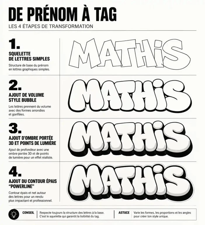 Étapes de création d'un prénom en tag graffiti : du squelette à la mise en relief 3D