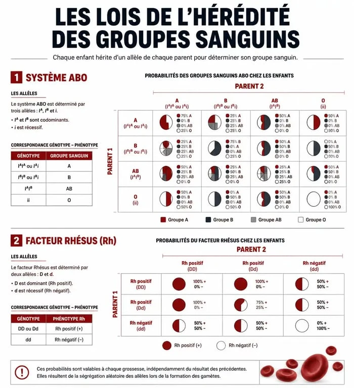 Tableau de transmission génétique des groupes sanguins et du facteur rhésus entre parents et enfant