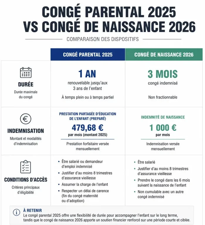 Tableau comparatif entre le congé parental 2025 et le congé de naissance 2026 pour planifier son départ en congé parental 2025