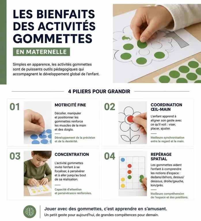 Infographie sur les bienfaits des activités gommettes pour le développement des enfants en maternelle