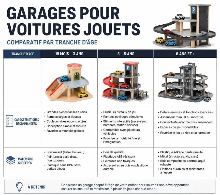 Tableau comparatif des garages pour voitures jouets par âge et matériaux