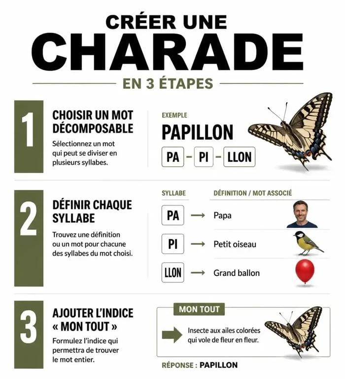 Infographie expliquant la méthode pour créer une charade pour les enfants
