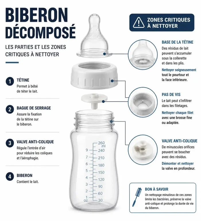 Schéma des zones critiques à nettoyer sur un biberon pour éviter les conséquences d'un biberon mal lavé