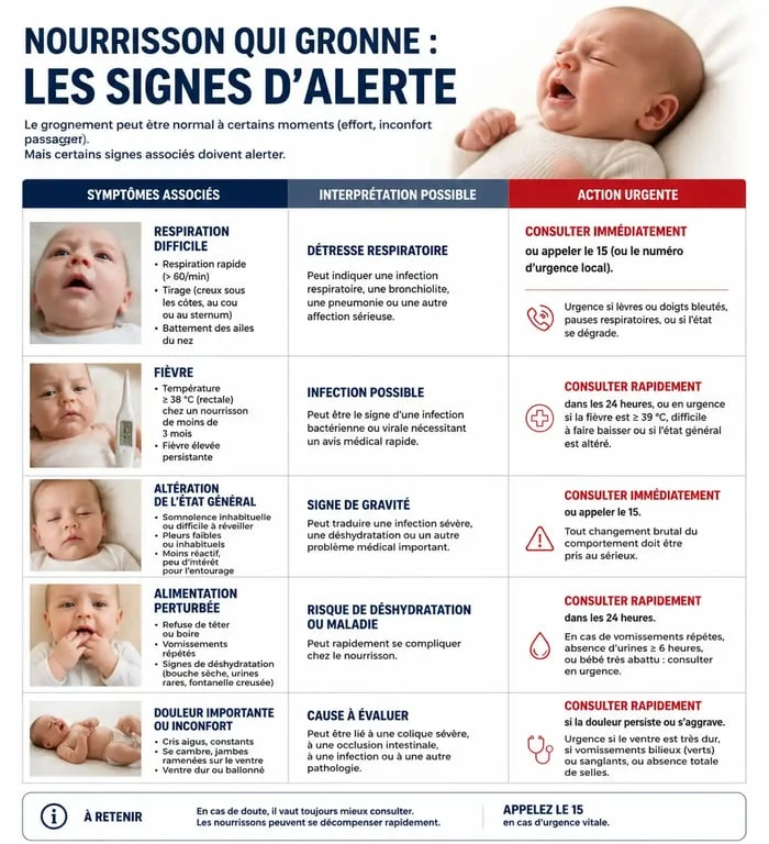 Infographie des signes d'alerte chez un bébé qui grogne et racle la gorge