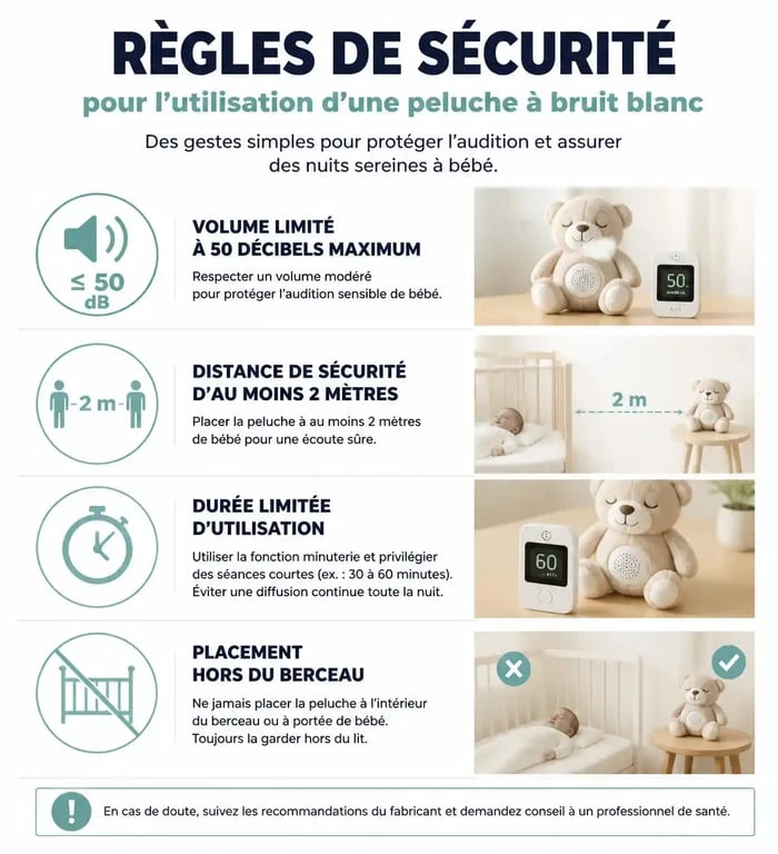 Infographie des règles de sécurité pour l'utilisation d'une peluche à bruit blanc avis pédiatre