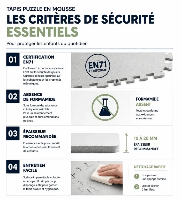 Infographie des critères de sécurité pour le choix d'un tapis puzzle en mousse