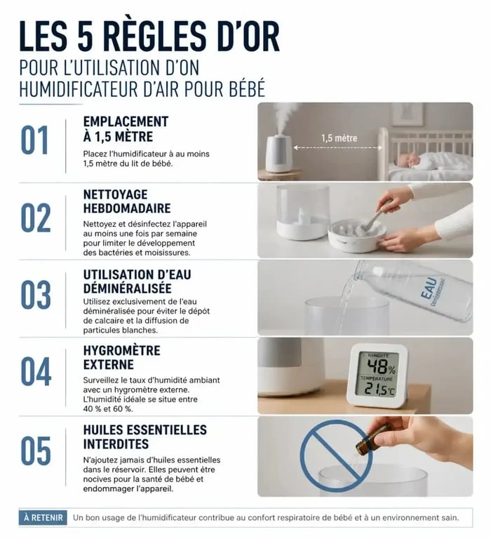 Infographie des 5 règles de sécurité pour l'utilisation d'un humidificateur d'air bébé