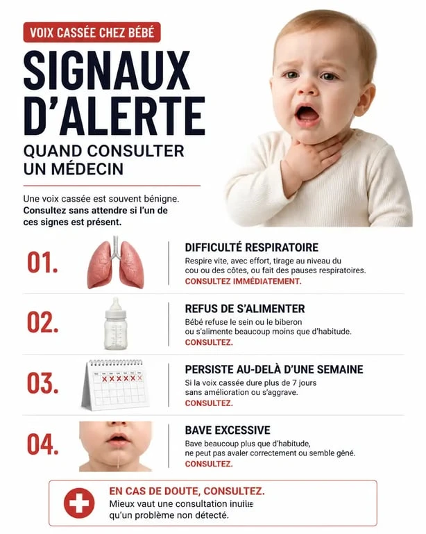 Infographie des signaux d'alerte pour bébé avec voix cassée sans fièvre
