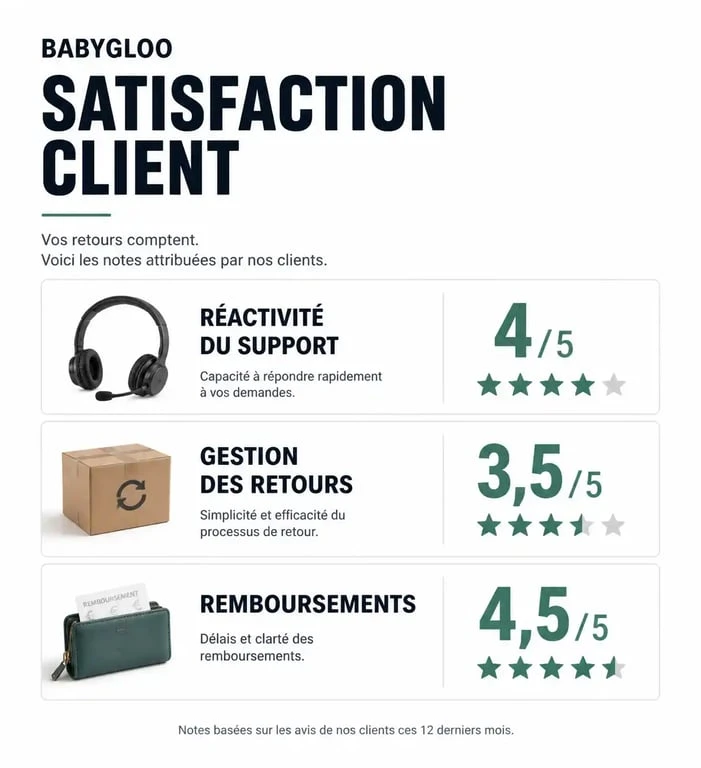 Infographie des avis clients Babygloo : réactivité, retours et remboursements