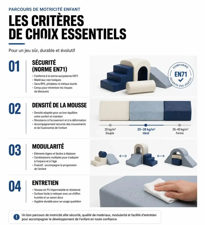 Infographie des critères de sélection pour un parcours de motricité sécurisé