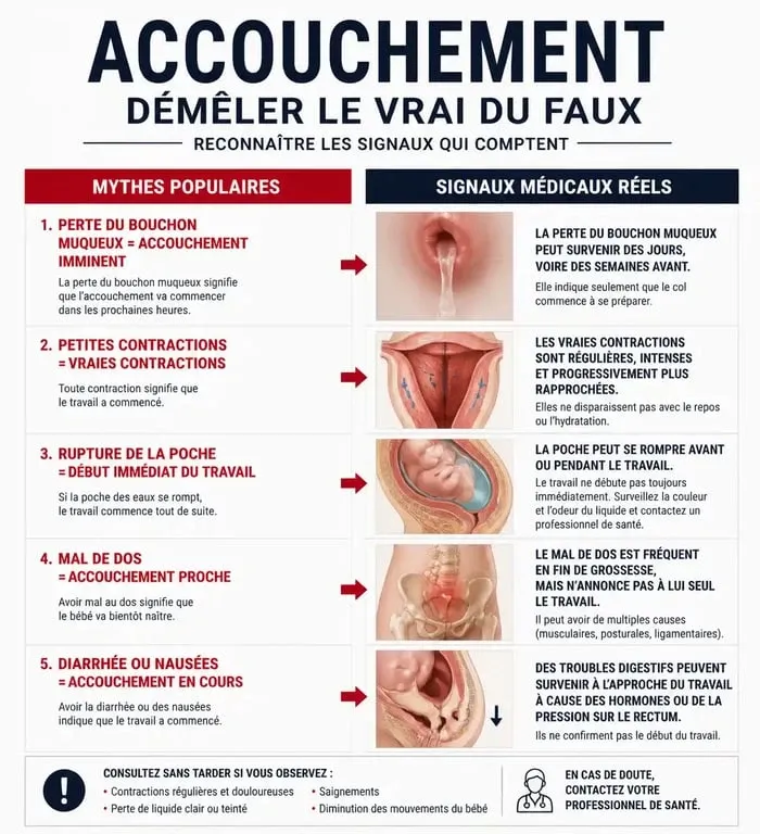 Infographie comparative des signes de l'accouchement : mythes vs réalité pour savoir quand on va accoucher