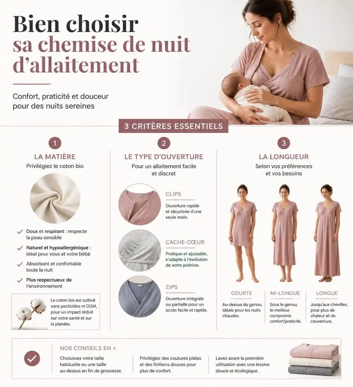 Critères de choix pour une chemise de nuit allaitement : confort, matières naturelles et systèmes d'ouverture pratiques.