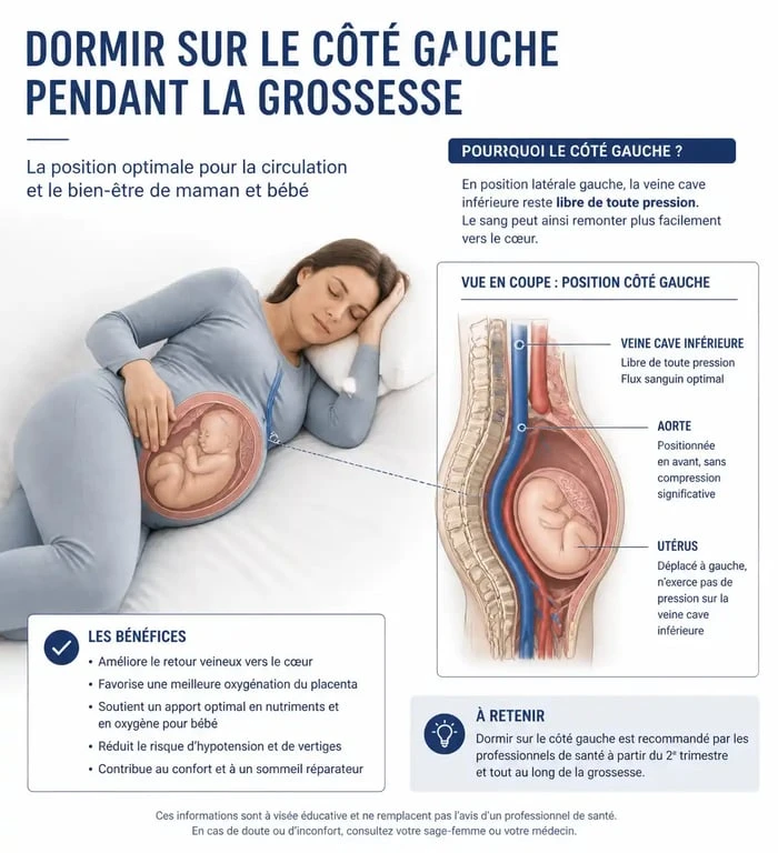 Infographie expliquant pourquoi dormir sur le côté gauche est recommandé pendant la grossesse pour la circulation sanguine.