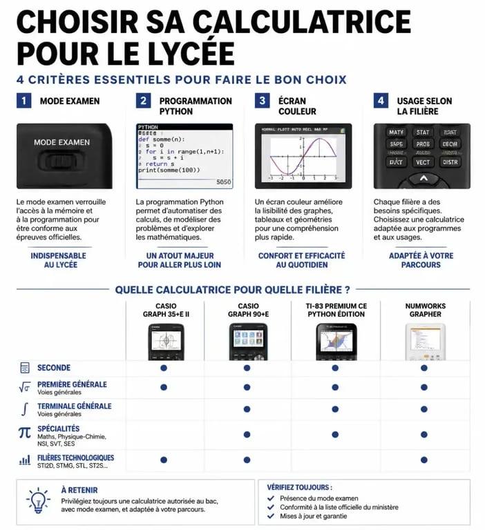 Comparatif des critères de choix d'une calculatrice pour le lycée : mode examen, Python et filières