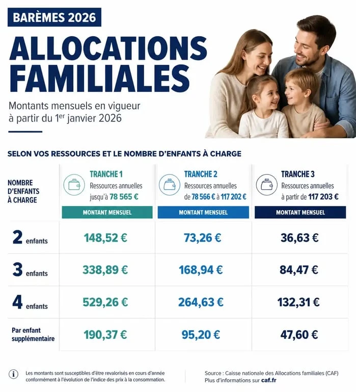 Infographie des barèmes et plafonds des allocations familiales 2026