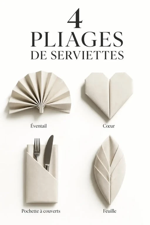 Quatre modèles de pliage de serviettes en papier facile et gratuit pour une décoration de table élégante