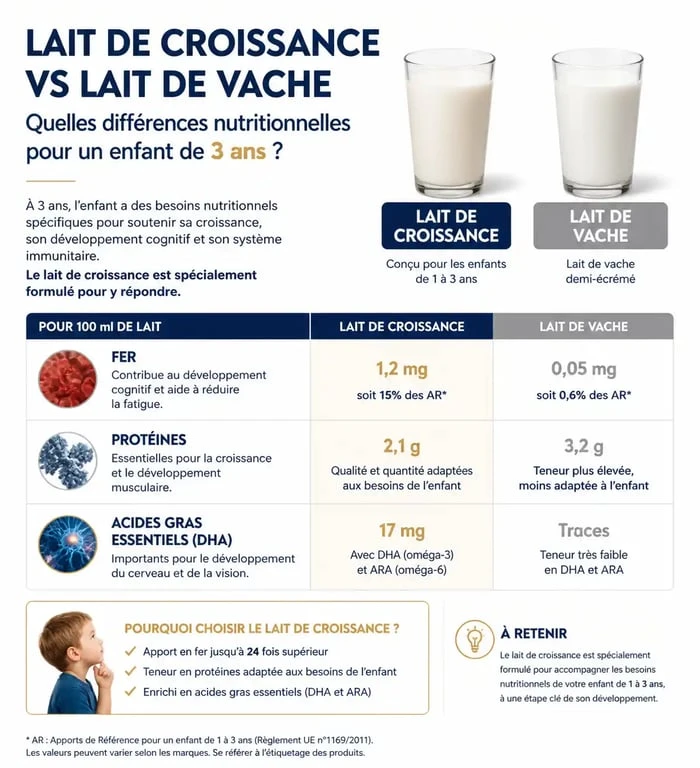 Infographie comparative des apports nutritionnels : lait de croissance vs lait de vache pour enfant de 3 ans