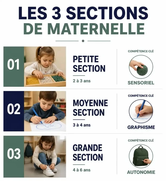 Infographie des activités en maternelle par section : petite, moyenne et grande section