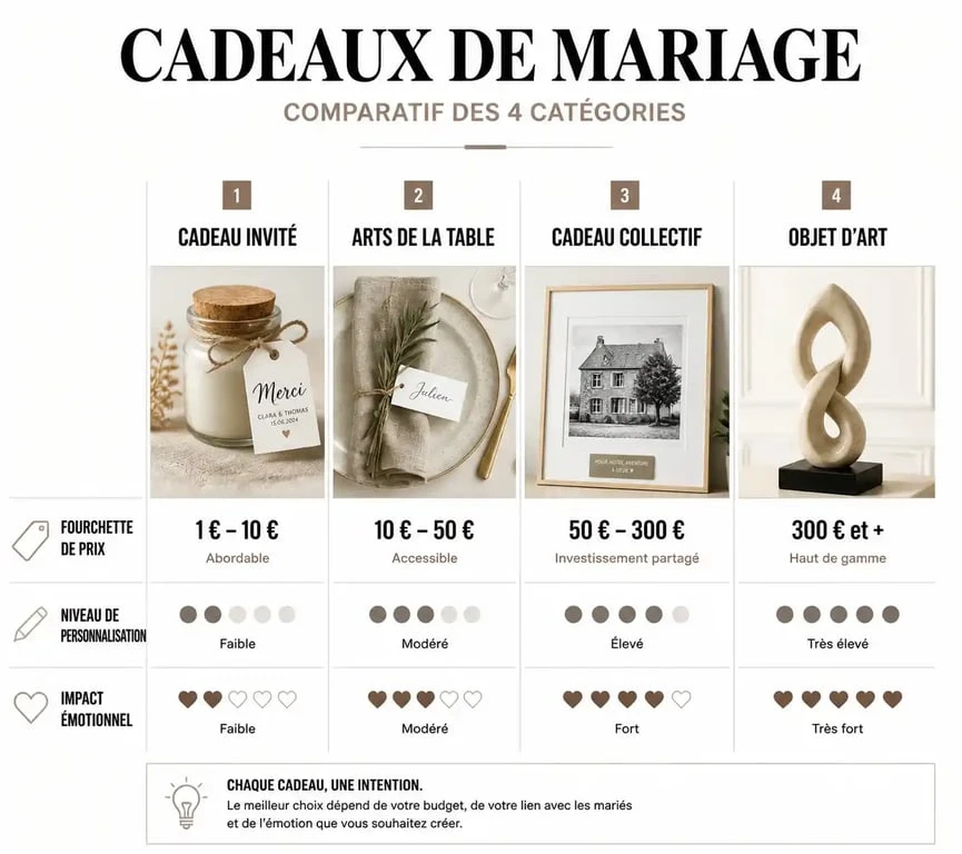 Infographie comparative des idées cadeaux de mariage selon le budget et l'impact émotionnel