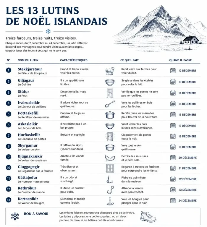 Infographie présentant les noms des lutins du Père Noël inspirés des Yule Lads islandais