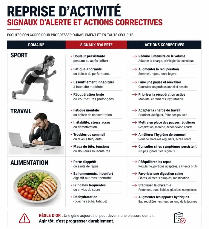 Tableau récapitulatif des signaux d'alerte et actions correctives pour une reprise d'activité sans douleur, illustrant le concept de pas trop dur la reprise.